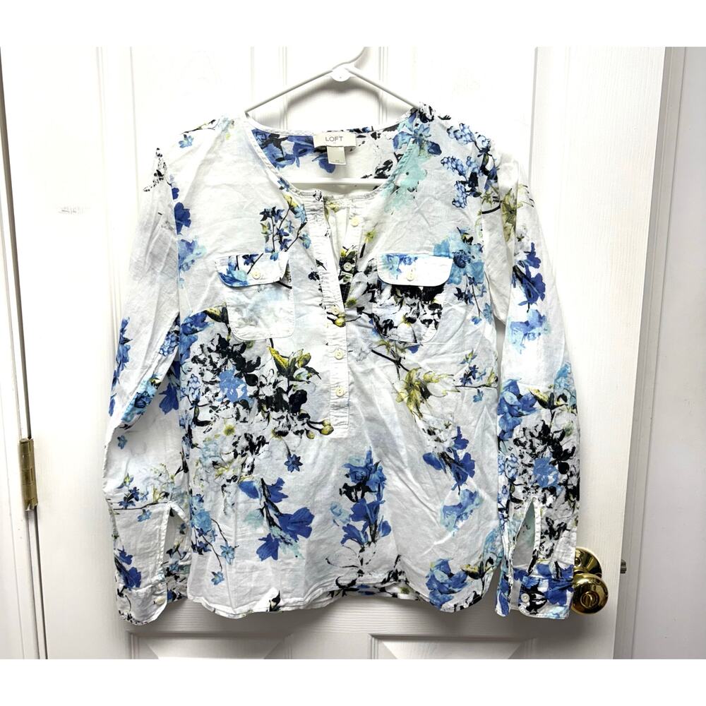 Loft Floral Blouse White Blue 1/2 Button Up Long Sleeve 100% Cotton Woman's XS